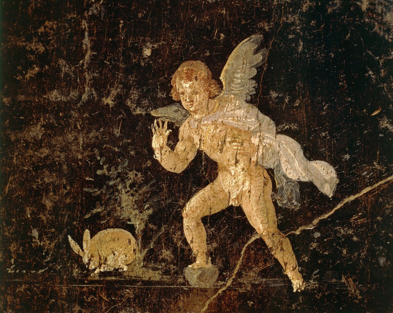 Fresko, joka kuvaa Cupidoa metsästämässä jänistä Pompejista, Napolin maakunnasta, Italiasta, roomalaisesta sivilisaatiosta tekijältä Roman Roman