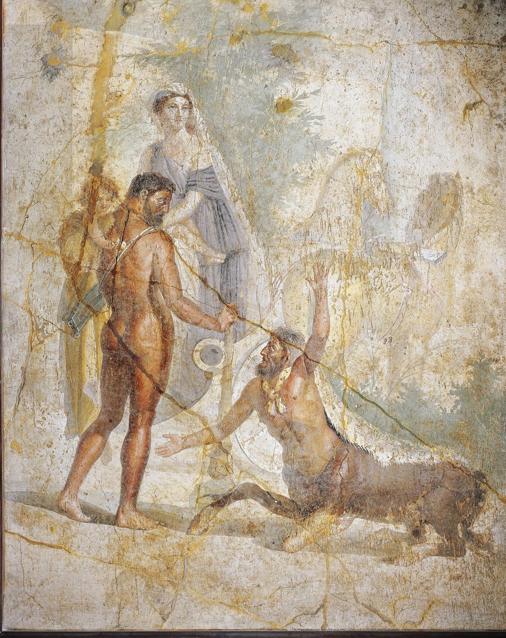 Fresko, joka kuvaa Herkules, Deianira ja Hyllus ylittämässä Evenus-jokea Pompejista, Italiasta tekijältä Roman Roman
