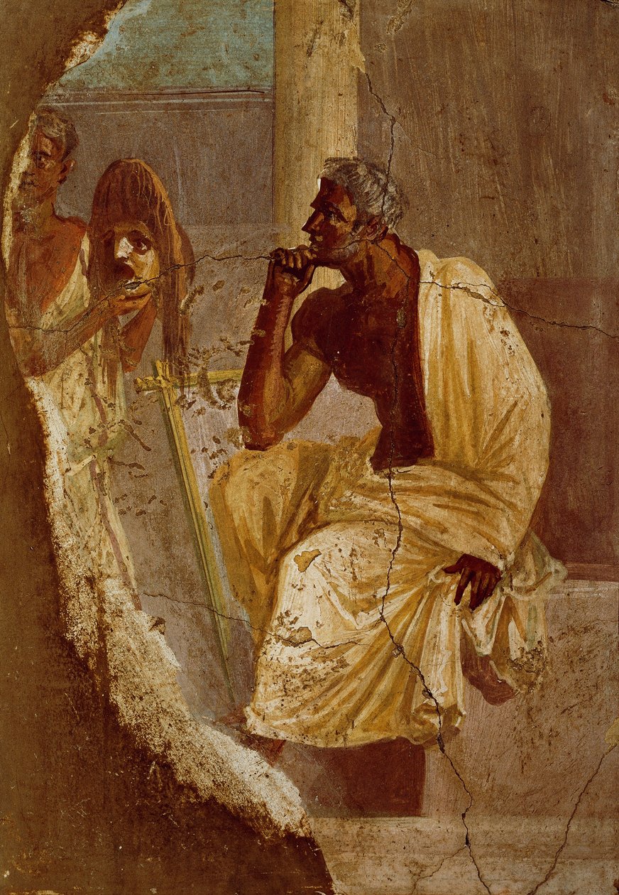 Näyttelijää ja traagista naamiota kuvaava fresko Pompejista (UNESCOn maailmanperintöluettelo) tekijältä Roman Roman
