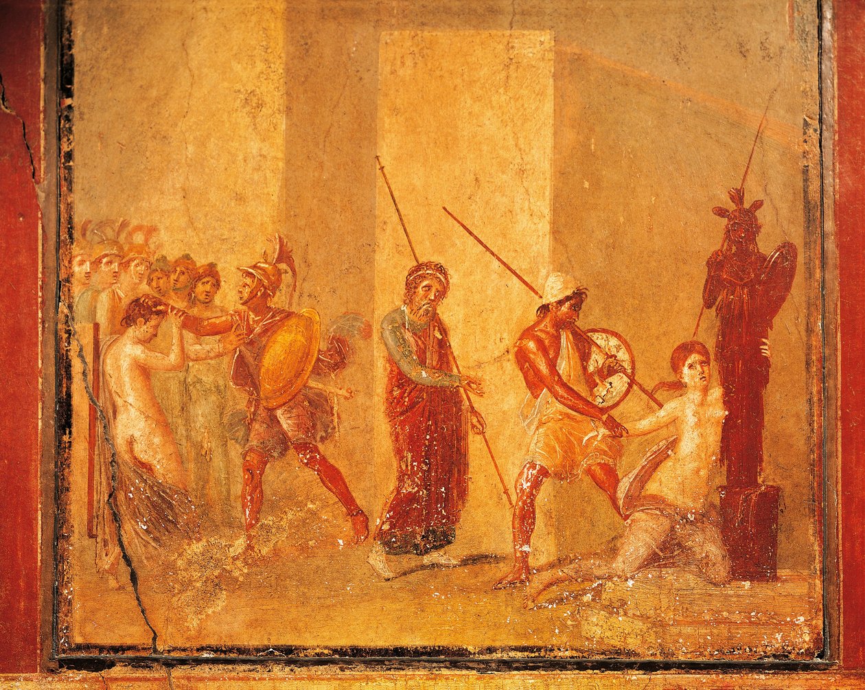 Fresko, joka kuvaa Priamuksen, Menelaoksen ja Helenan kohtaamista kuninkaallisessa palatsissa, Pompejissa, Campaniassa, roomalaisessa sivilisaatiossa tekijältä Roman Roman