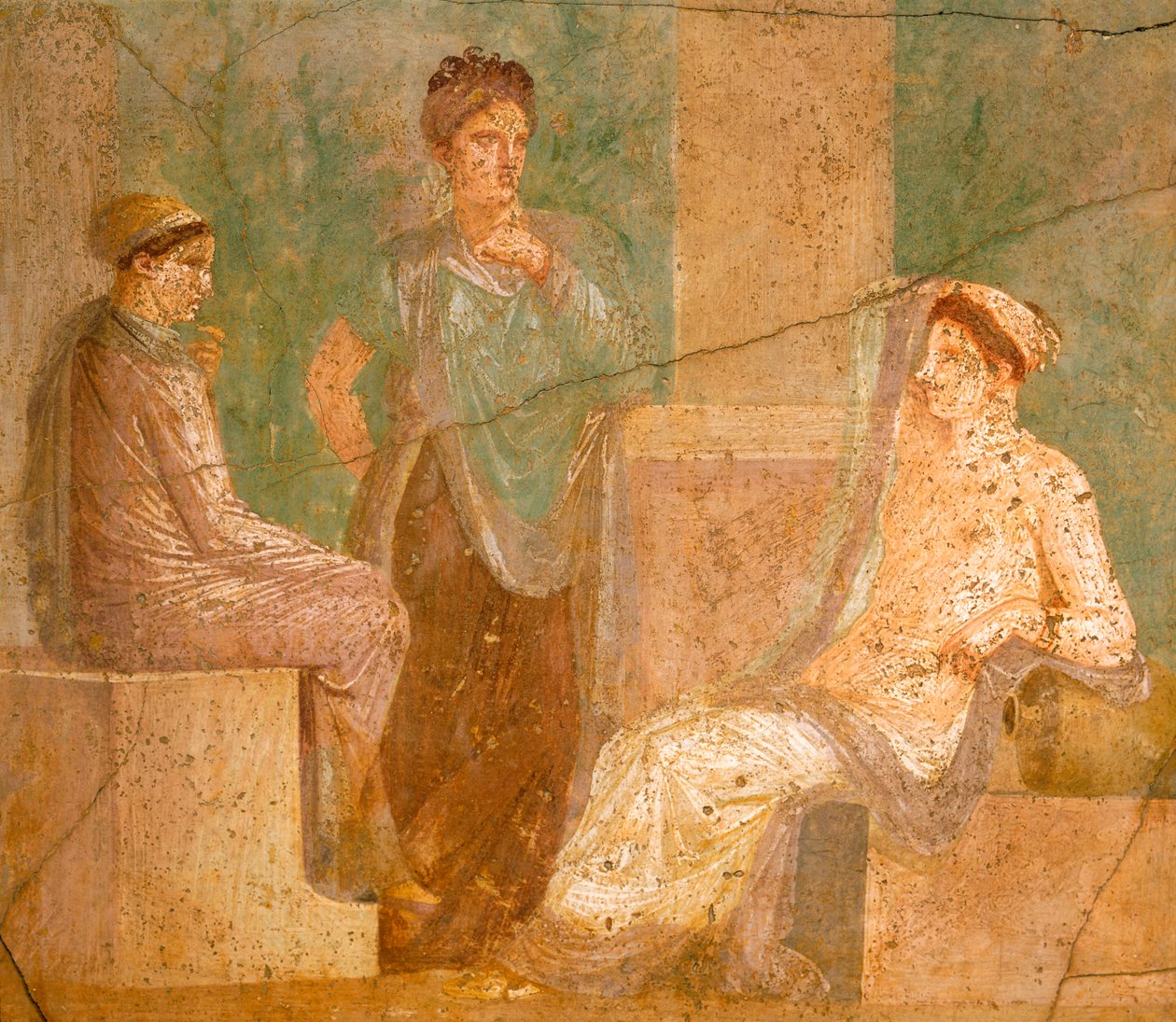 Fresko, joka kuvaa ryhmää roomalaisia naisia keskustelussa, House of Ancient Hunt, Pompejista, Campaniasta, roomalaisesta sivilisaatiosta tekijältä Roman Roman