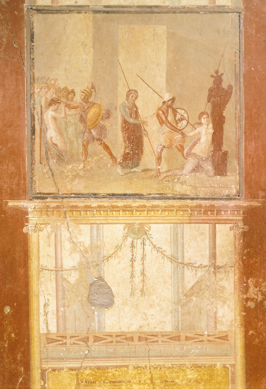 Fresko, joka kuvaa Priamuksen, Menelaoksen ja Helenan tapaamista sekä Arisacen tapaamista jahtaamassa Cassandraa Menanderin talosta, Pompejista, Campaniasta, roomalaisesta sivilisaatiosta tekijältä Roman Roman