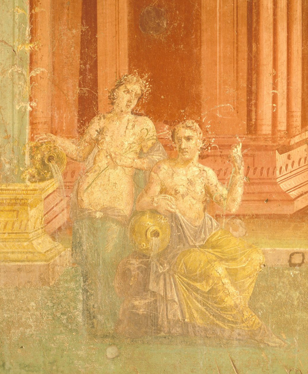 Fresko neljänteen pompeialaiseen tyyliin punaisella taustalla, House of Pinario Ceriale, Pompeiji, Campania, roomalainen sivilisaatio tekijältä Roman Roman