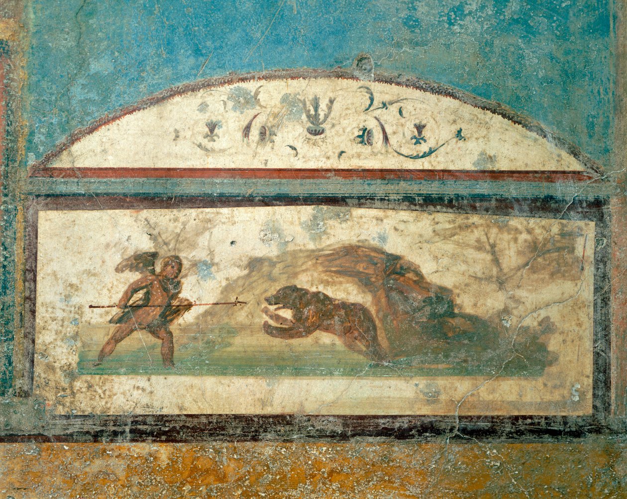 Fresko metsästysmaisemasta, House of Ancient Hunt, Pompei, Campania, roomalainen sivilisaatio tekijältä Roman Roman
