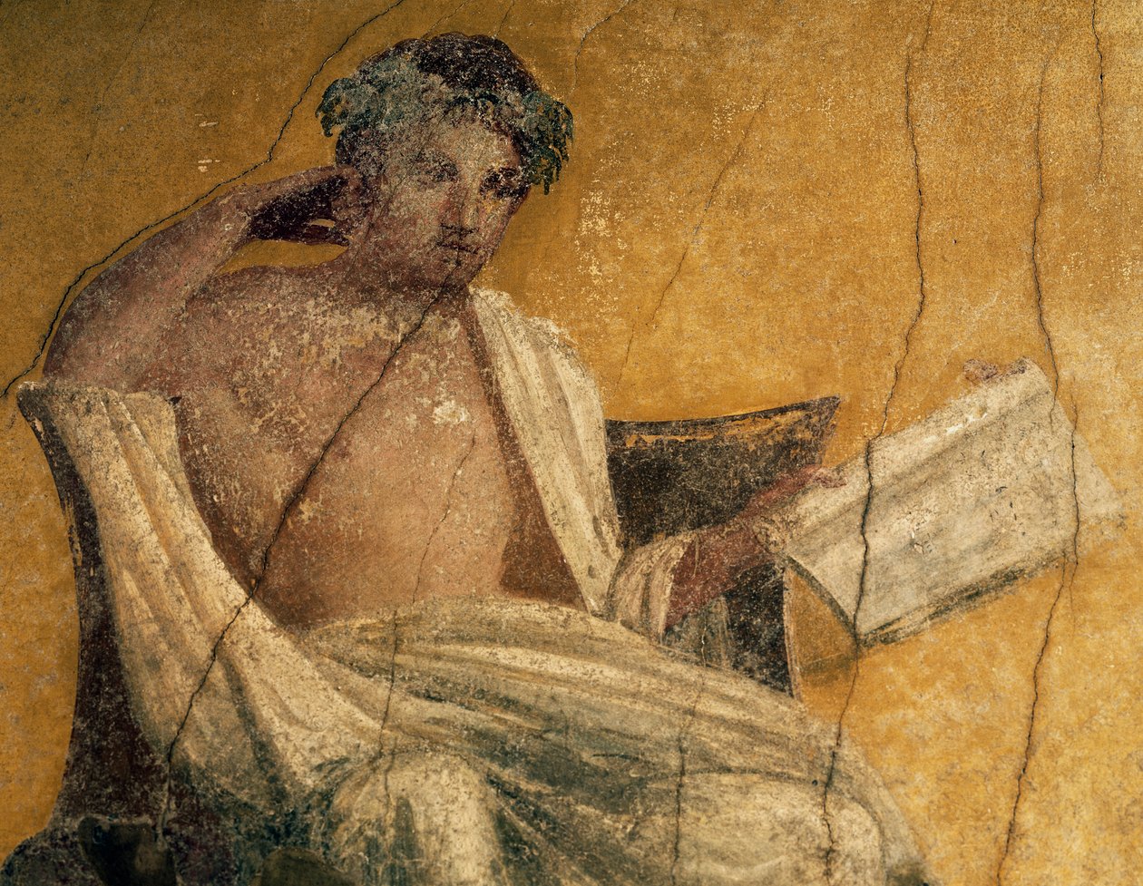 Kreikkalainen näytelmäkirjailija Menander, yksityiskohta freskosta, Menanderin talon perstyle, Pompei, Campania, Italia, roomalainen sivilisaatio tekijältä Roman Roman