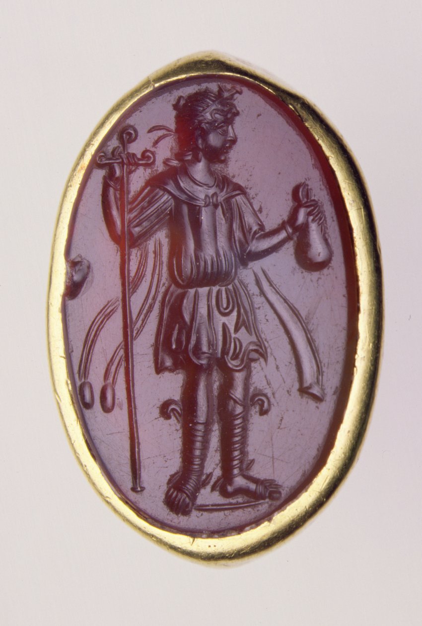Syväpainosetti kultasormukseen, joka kuvaa nuorta mieshahmoa, 2. vuosisadalla eKr. (kulta ja sardi) tekijältä Roman Roman