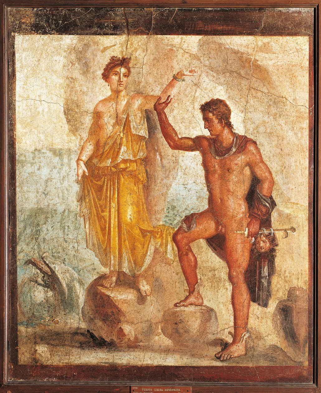 Italia, Campania, Pompei, Perseus vapauttamassa Andromedan viiden luurangon talosta, fresko tekijältä Roman Roman