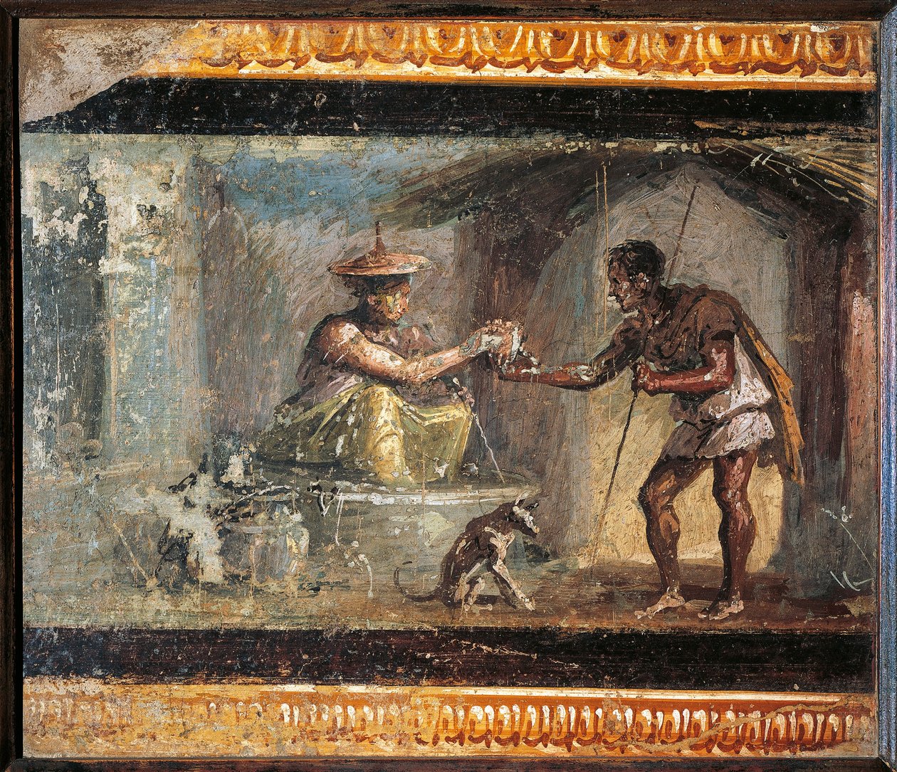 Italia, Campania, Pompei, Matkustaja ja taikuri Dioscurien talosta, fresko tekijältä Roman Roman