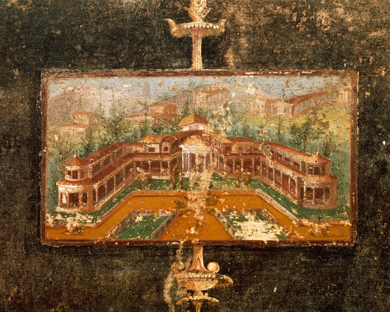 Maisema ja arkkitehtuuri seinämaalauksessa tablinumissa, 3. Pompeian tyyli, Marco Lucrezio Fronton talo, Pompejista, Campaniasta, Italiasta tekijältä Roman Roman