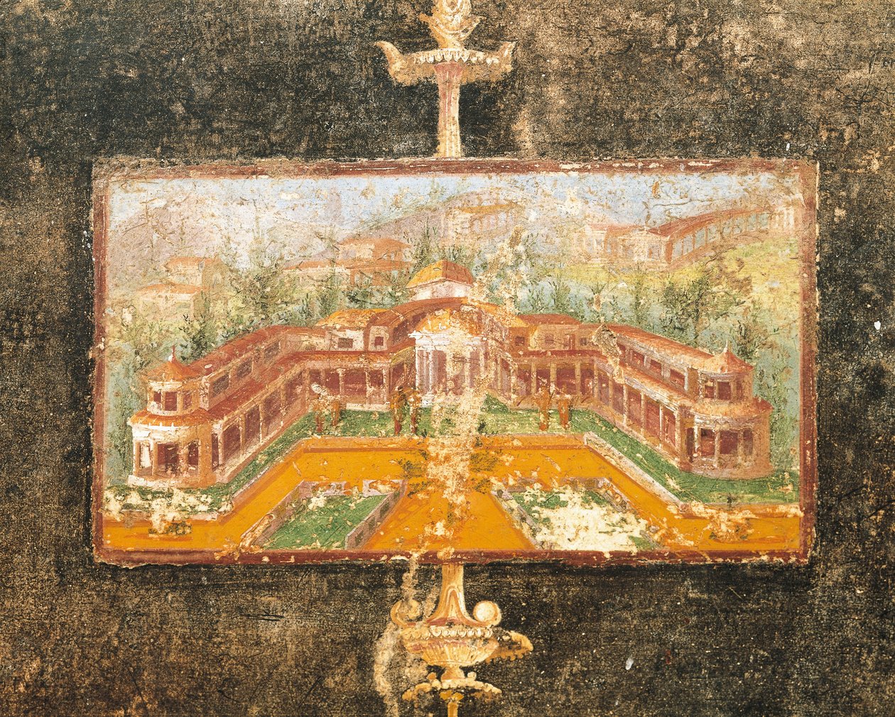 Maisema ja arkkitehtuuri seinämaalauksessa tablinumissa, Marcus Lucretius Fronton talo, Pompeji, Campania, roomalainen sivilisaatio tekijältä Roman Roman