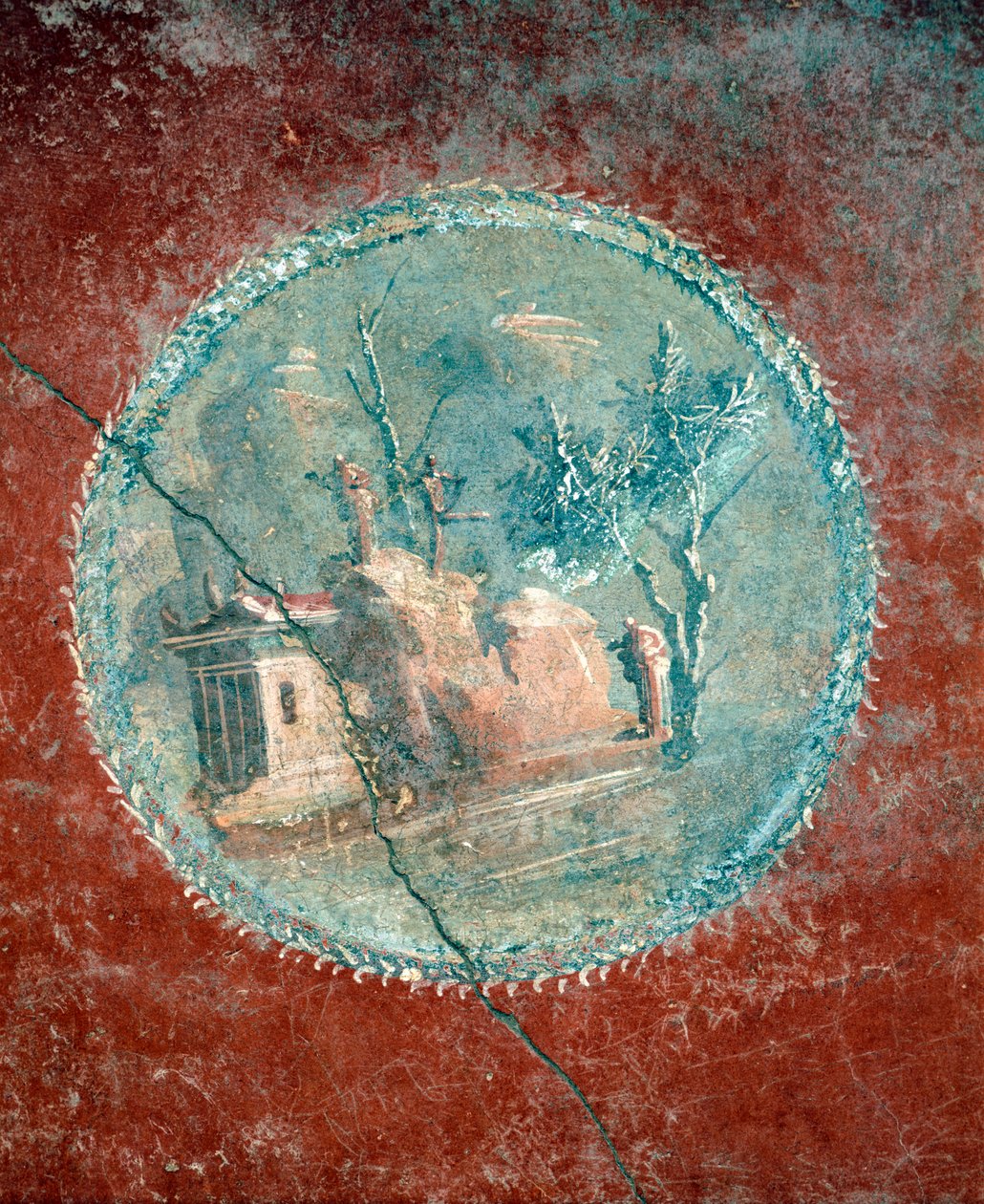 Medaljonki näyttää maisemaa keltaisella pohjalla, fresko House of Menanderista, Pompejista, Campaniasta, Rooman sivilisaatiosta tekijältä Roman Roman