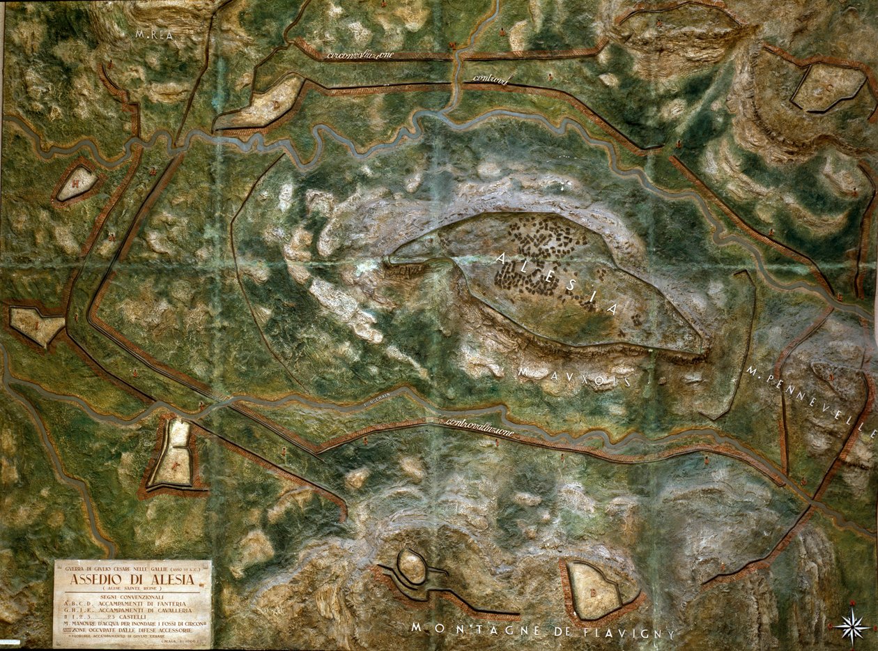 Malli, joka toistaa Vercingetorixin tappion nähneen Jules Cesarin piirityksen ja Alesian taistelun syyskuussa 52 eKr. Mittakaava 1/1000. Rooma, Museo della Civilta Romana tekijältä Roman Roman