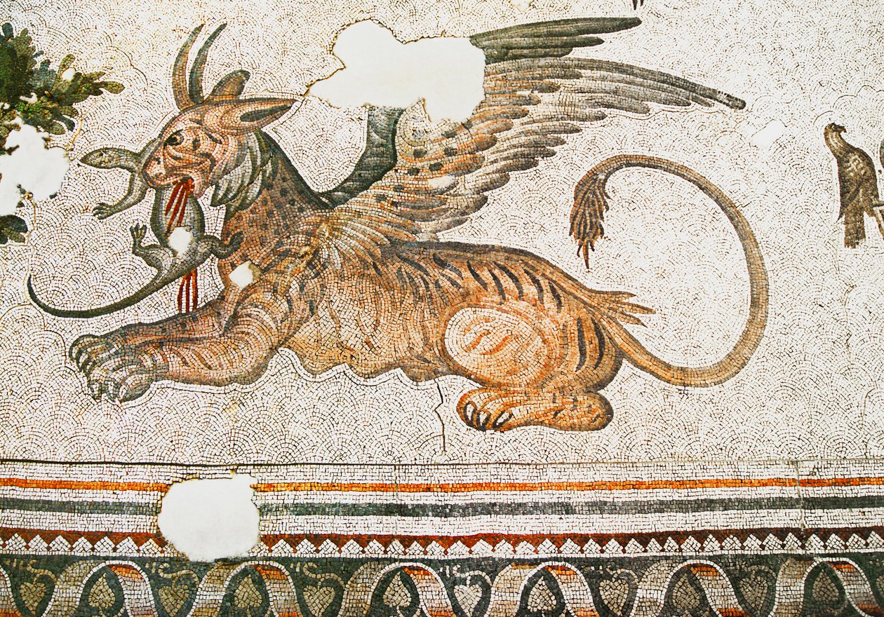 Mosaiikki, joka kuvaa tiikerigriffonia syömässä liskoa, Arasta basaari, Sultan Ahmetin moskeija, Istanbul. tekijältä Roman Roman