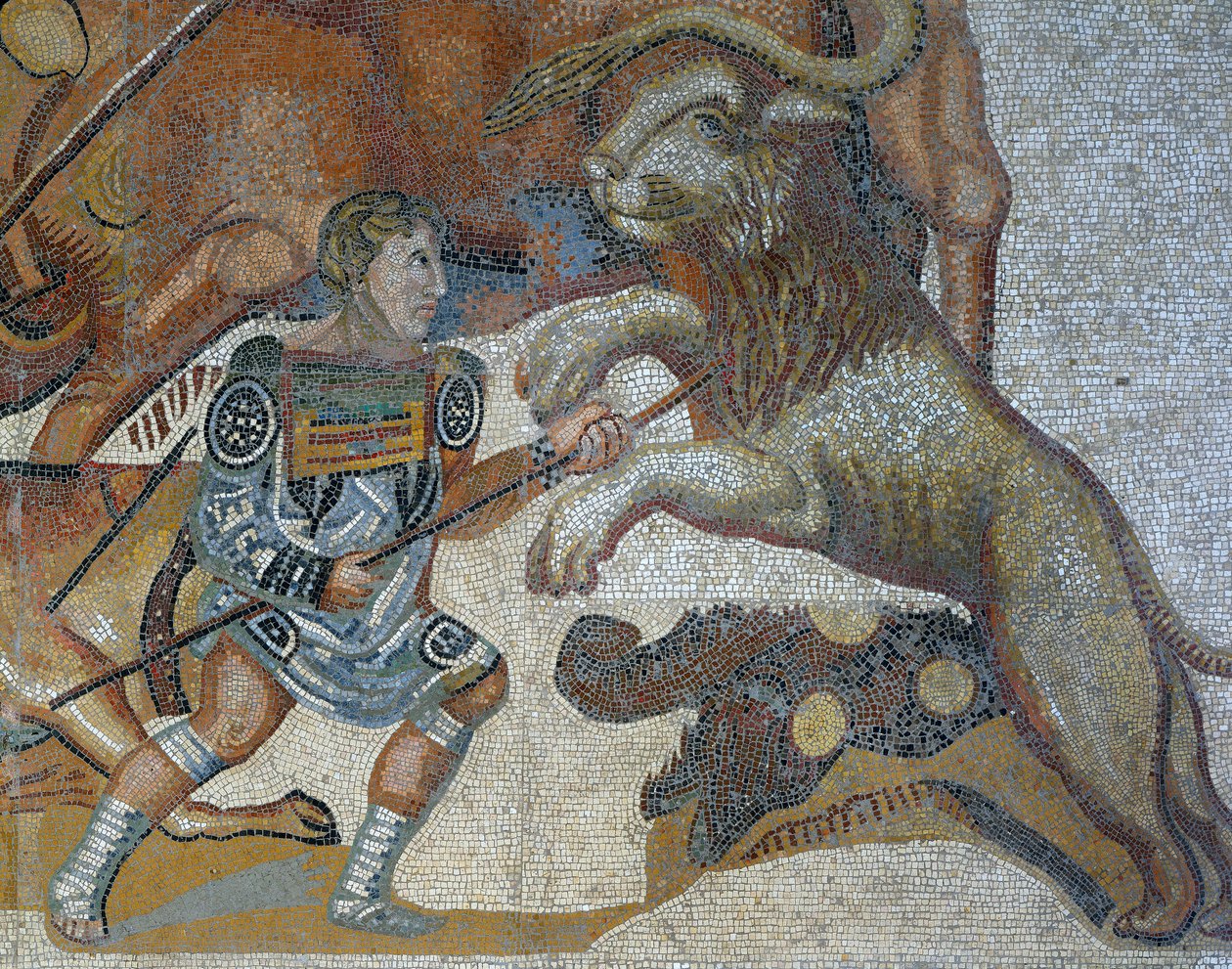 Mosaiikki, jossa näkyy kohtaus pedon metsästyksestä, yksityiskohta gladiaattorista, joka tappaa villieläimen tekijältä Roman Roman