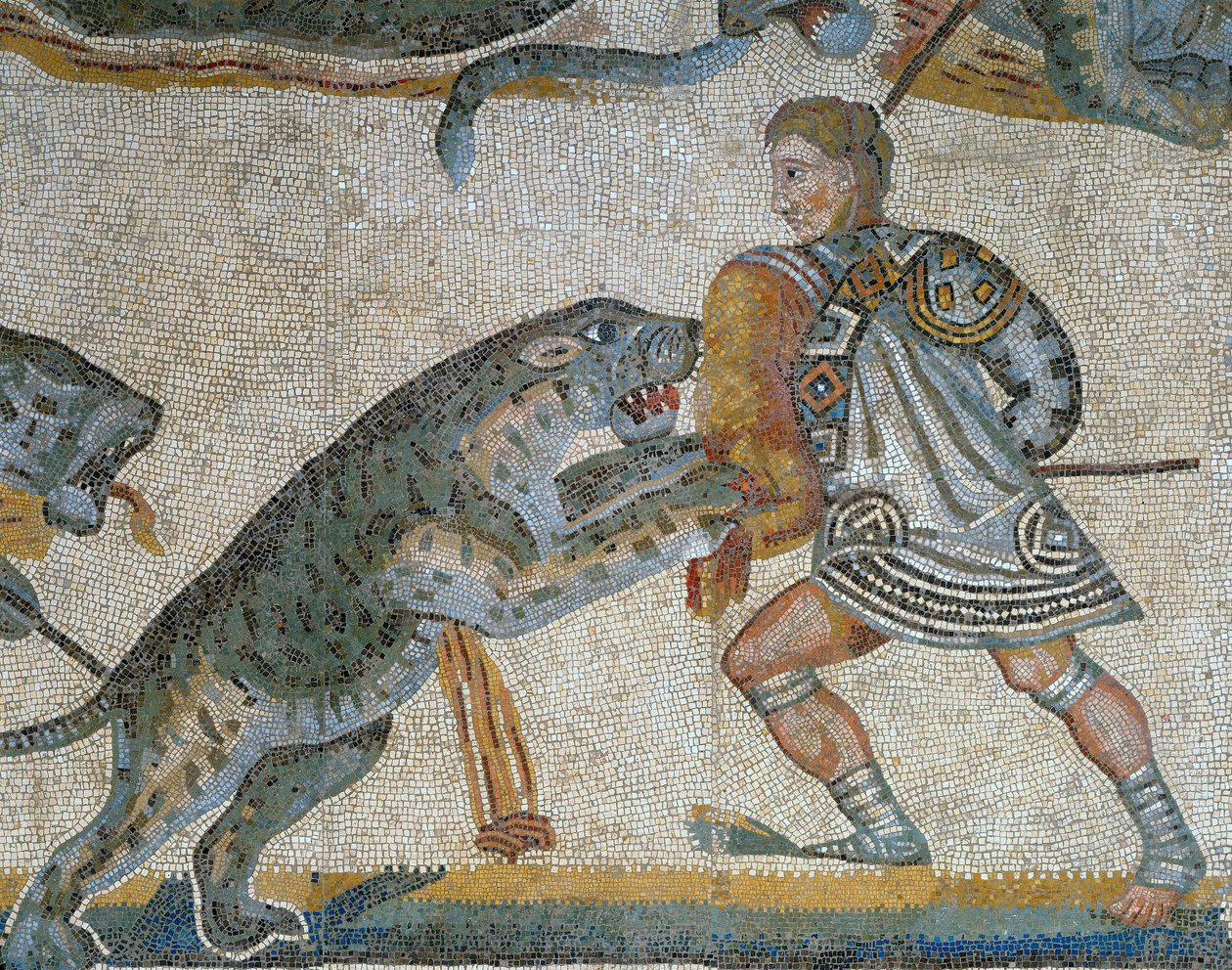 Mosaiikki, jossa näkyy kohtaus pedon metsästyksestä, yksityiskohta gladiaattorista, joka tappaa villieläimen tekijältä Roman Roman