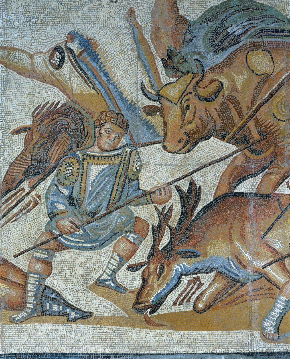 Mosaiikki, jossa näkyy kohtaus pedon metsästyksestä, yksityiskohta gladiaattorista tappamassa eläimen tekijältä Roman Roman