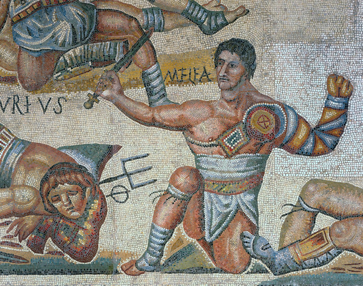 Mosaiikki, jossa näkyy kohtaus taistelevista gladiaattoreista, yksityiskohta voittoisasta gladiaattorista tekijältä Roman Roman