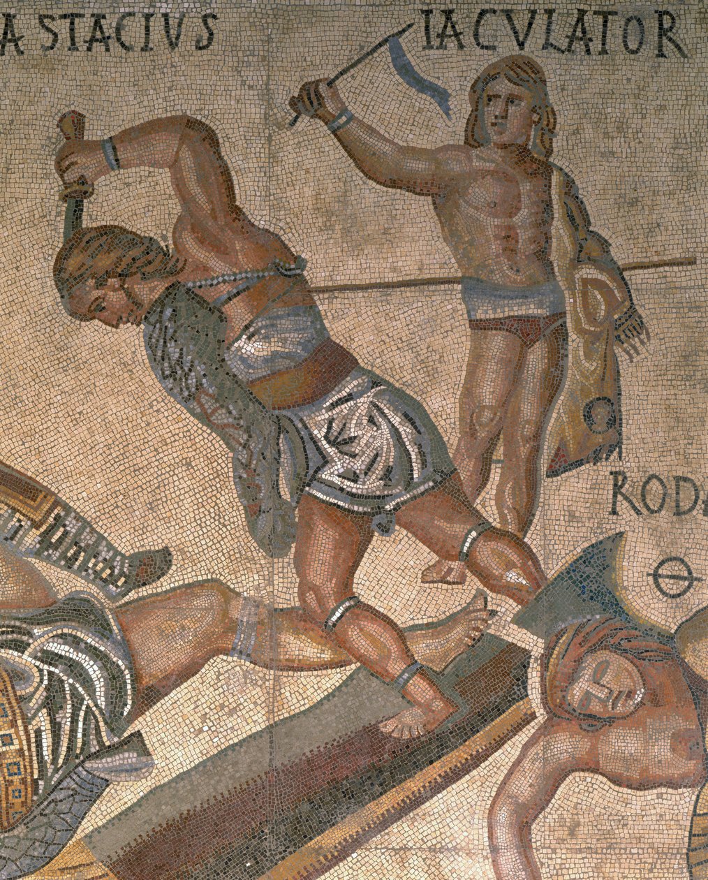 Mosaiikki, jossa on kohtaus taistelevista gladiaattoreista, yksityiskohta panssariin pukeutuneesta gladiaattorista tekijältä Roman Roman