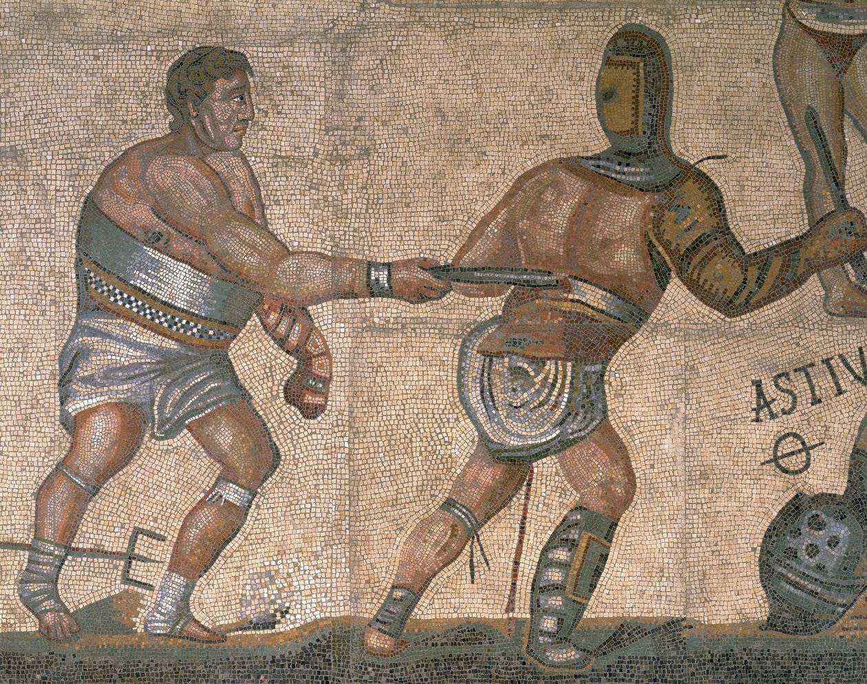 Mosaiikki, jossa on kohtaus taistelevista gladiaattoreista, yksityiskohta panssariin pukeutuneesta gladiaattorista tekijältä Roman Roman