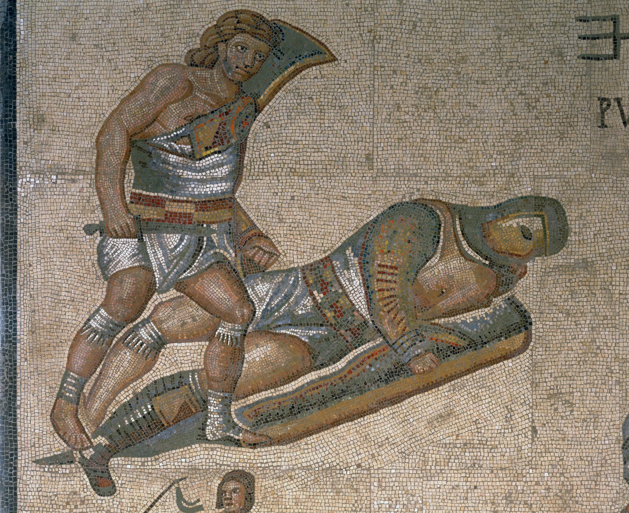 Mosaiikki, jossa on kohtaus taistelevista gladiaattoreista, yksityiskohta panssariin pukeutuneesta gladiaattorista tekijältä Roman Roman