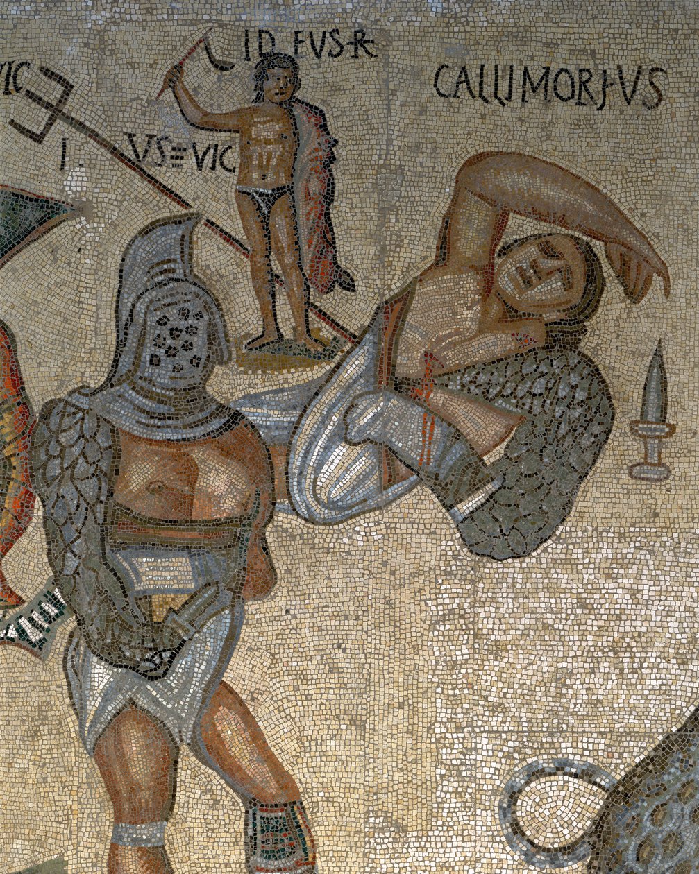 Mosaiikki, jossa on kohtaus taistelevista gladiaattoreista, yksityiskohta panssariin pukeutuneesta gladiaattorista tekijältä Roman Roman