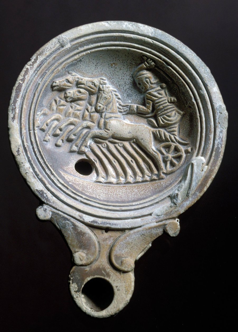 Öljylamppu, joka kuvaa kilpavaunua neljällä hevosella (terrakotta) tekijältä Roman Roman