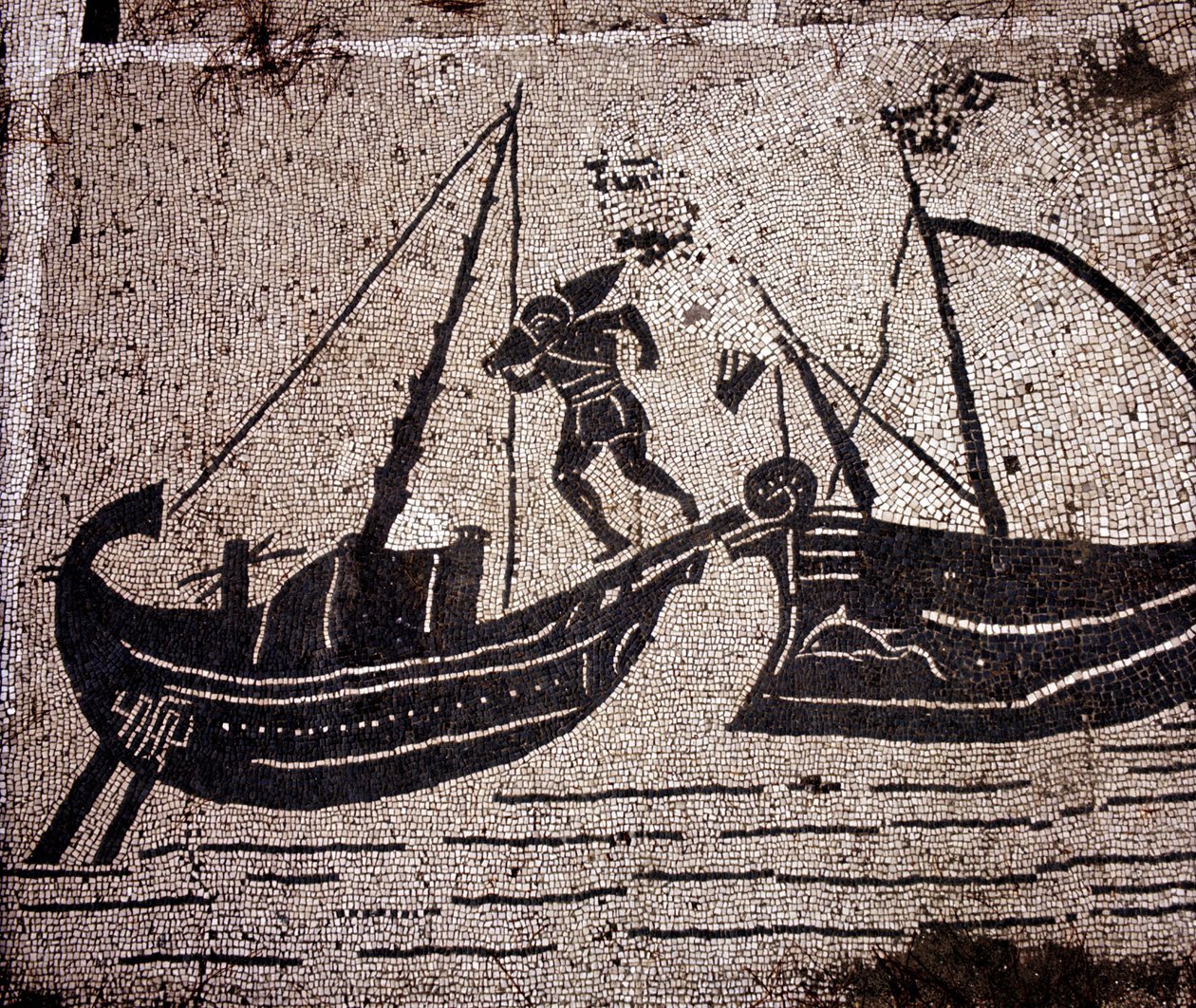 Ostia (Ostia) Muinainen, Place des Corporationsin mosaiikki. Veneen lastaus. tekijältä Roman Roman