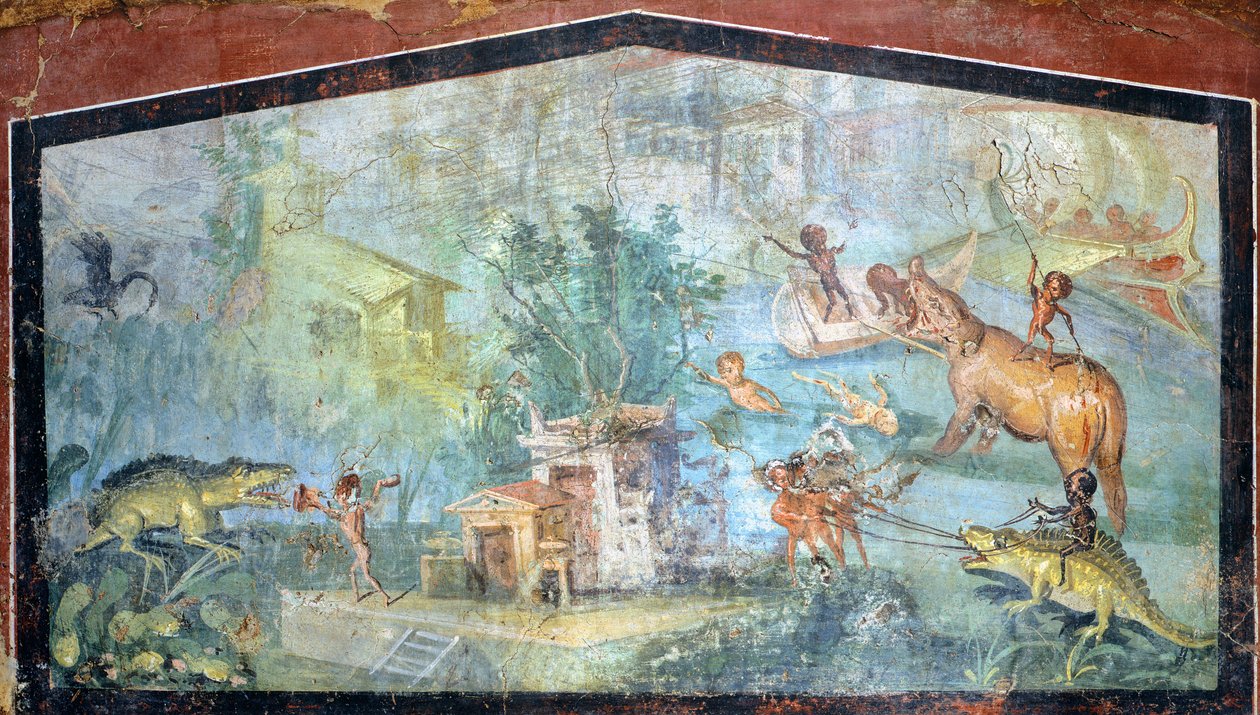 Maalaus kipsille, joka kuvaa niloottista kohtausta, jossa pygmejä hyökkäävät krokotiileja ja virtahepoja vastaan, 75x127 cm, Pompejista (UNESCOn maailmanperintöluettelo) tekijältä Roman Roman