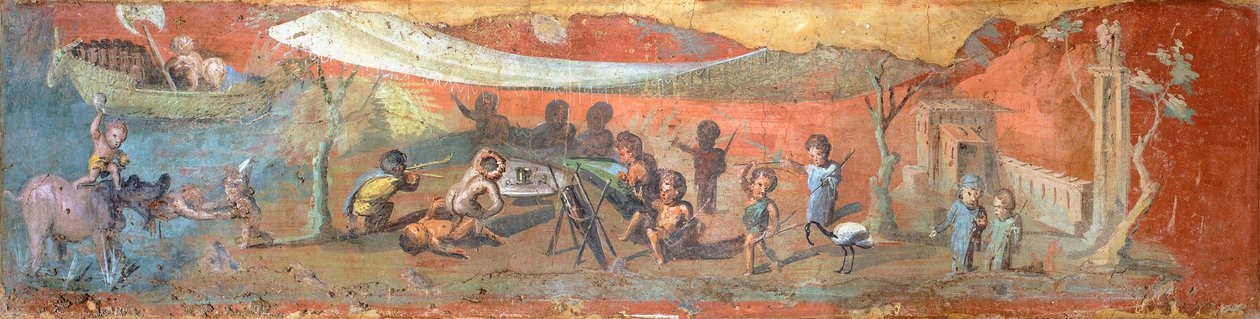 Kipsimaalaus, joka kuvaa kohtausta Niilin varrella pygmeiden kanssa, 56x217 cm, Pompejista (UNESCOn maailmanperintöluettelo) tekijältä Roman Roman