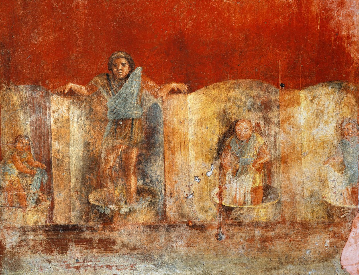 Villan valmistusta kuvaava pilarifresko Pompejista, Fullonica of Veranio Ipseo tekijältä Roman Roman