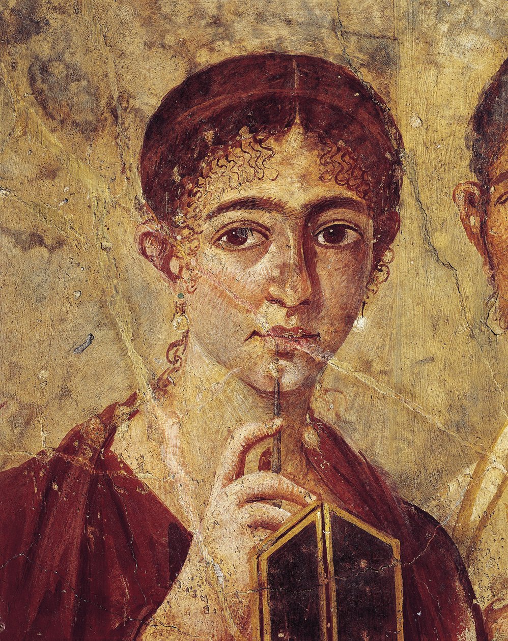 Muotokuva leipuri Terentius Neosta ja hänen vaimostaan juhlavaatteissa, yksityiskohta vaimosta kynällä ja diptyykillä auki Italiasta, Campaniasta, Pompejista, 55-79 jKr., maalaus kipsille tekijältä Roman Roman