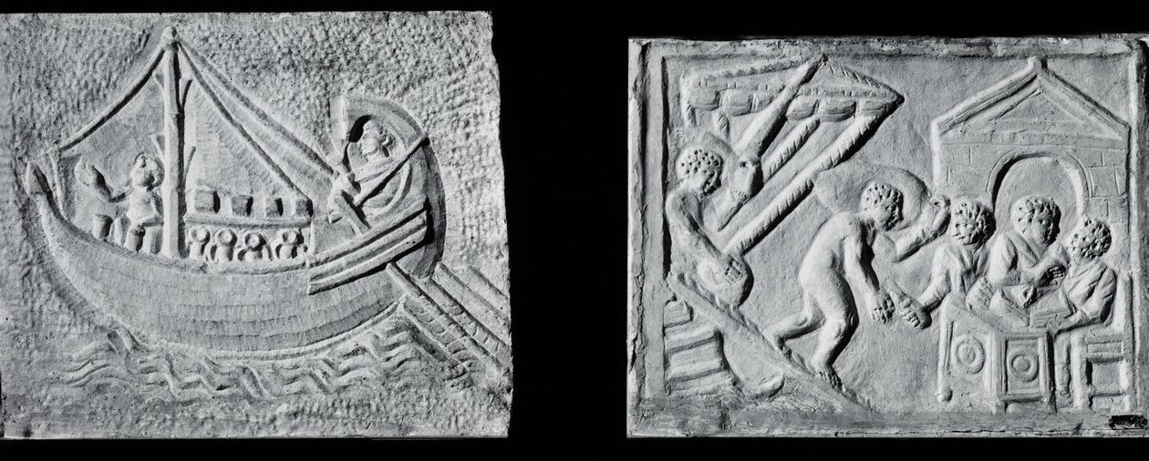 Kauppalaivaa kuvaava reliefi (Museo Nazionale, Rooma) ja reliefi, joka kuvaa aluksen purkamista (Museo Torlonia, Rooma) 3. tai 4. vuosisadalla (kivi) (m/v kuva) tekijältä Roman Roman