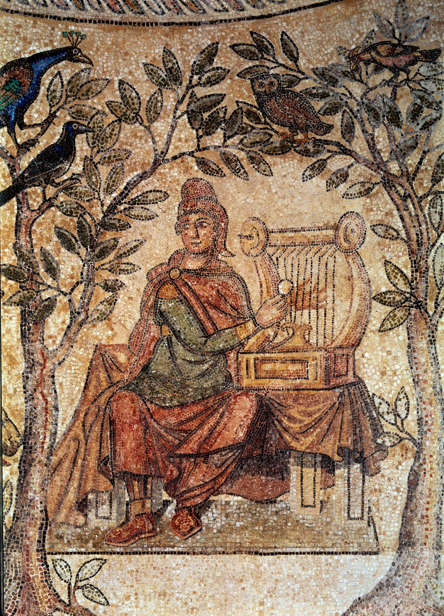 Roomalainen taide: Orphe hurmaavat linnut. Blanzy-les-Fismsin mosaiikki. Lyon, Kuvataidemuseo tekijältä Roman Roman