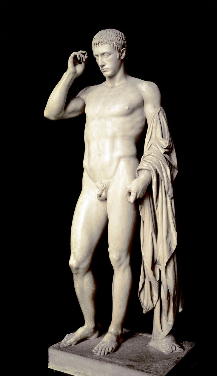 Roomalainen taide: Marmoriveistos Marcus Claudius Marcellus (42-23 eKr.), Augustuksen veljenpoika, Tekijä Cleomenes Ateenalainen, noin 20 eKr., Dim. 190 cm - Pariisi, Louvre-museo - Marcelluksen (42-23 eKr.), veljenpojan ja elokuun ensimmäisen vävyn hautap tekijältä Roman Roman