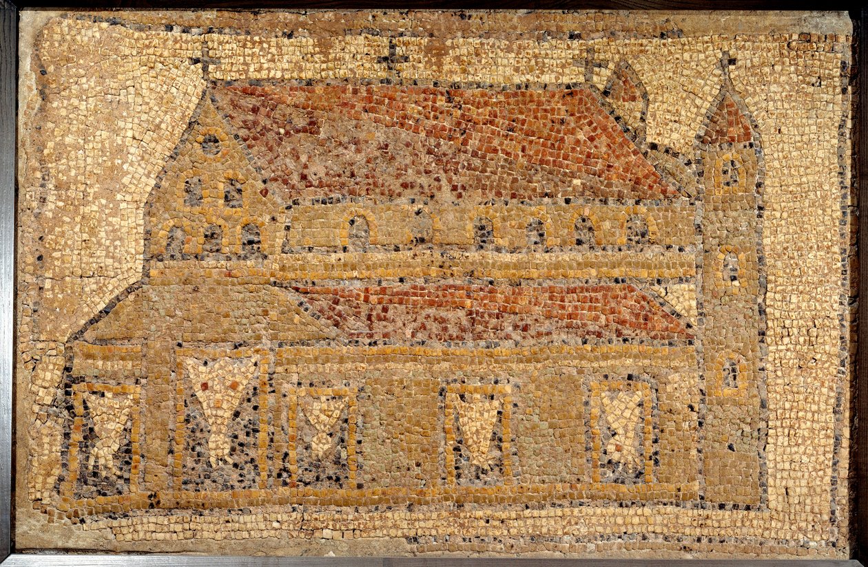 Roomalainen taide: basilikan mosaiikki perspektiivissä, 5. vuosisadan 2. puolisko, Lähi-itä - Pariisi, Musee du Louvre - roomalainen taide: Qabr Hiramin mosaiikki lähellä Tyrosta Foinikiassa, varhaisesta bysanttilaisesta (paleokristillisestä) kirkosta, jok tekijältä Roman Roman