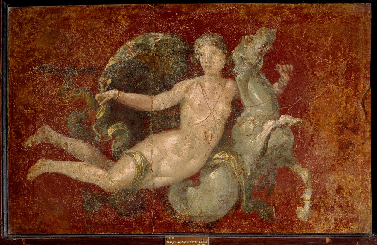 Roomalainen taide: nainen ratsastaa merihevosella. Fresko Stabiasta. Napoli, Museo Archeologico Nazionale - Roomalainen taide: nainen ratsastaa merihevosella. Fresko Stabiasta. Kansallinen arkeologinen museo, Napoli, Italia tekijältä Roman Roman
