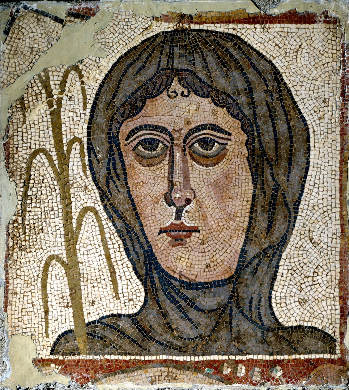 Roomalainen taide: allegoria talvesta naisena, joka käyttää hunnua. 500-luvun mosaiikki. Quintana del Marco (Leon) Espanja Madrid, Kansallinen arkeologinen museo tekijältä Roman Roman