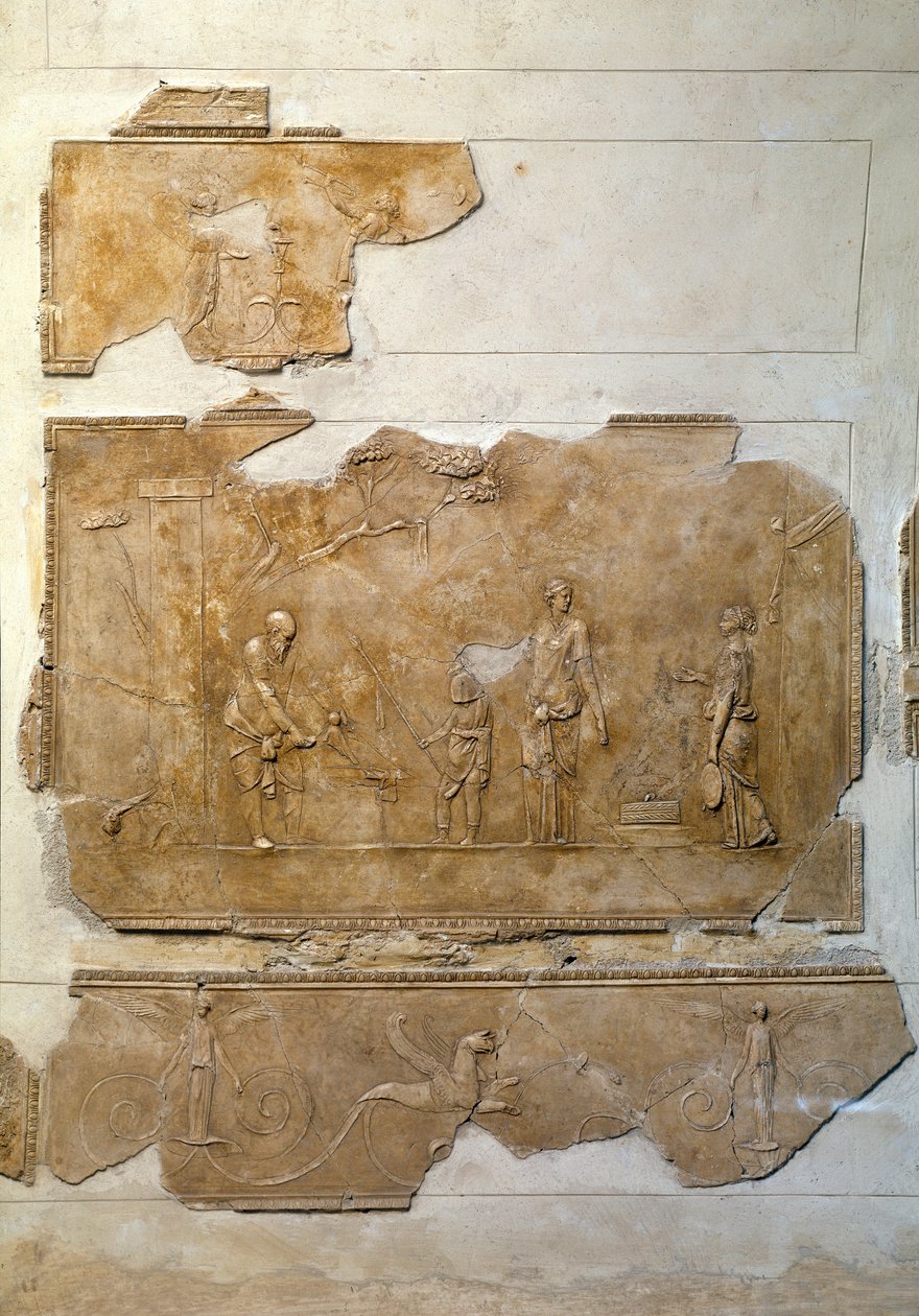Roomalainen taide: aloitus Dionysoksen mysteereihin: dionysolaisten rituaalien juhliminen. Matala helpotus tulee Villa Farnesinan alueelta. Rooma, Museo Nazionale Romano (o delle Terme) tekijältä Roman Roman