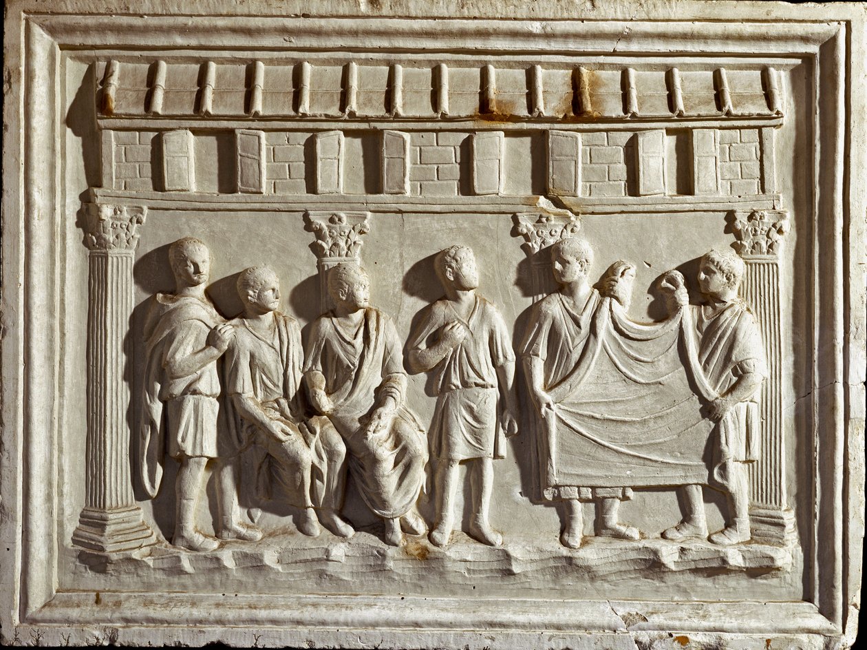 Roomalainen taide: matala kohokuvio, joka edustaa kangasta ja kuvakudoksia. Alkuperäiskappale 2. vuosisadalta jKr. Rooman Museo della Civilta Romana tekijältä Roman Roman