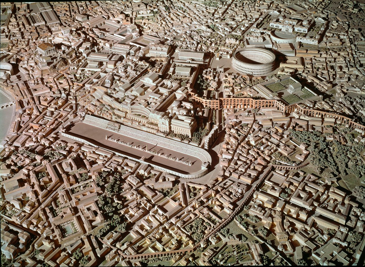 Roomalainen taide: malli, joka kuvaa Rooman kaupunkia antiikin alla. Keskustassa Circus Maximus tai Grand Circus on varattu tankkikilpailuihin. Rooma, Museo della Civilta romana - roomalainen taide. Circus Maximus ja etruskien seinät. Yksityiskohta jälleen tekijältä Roman Roman