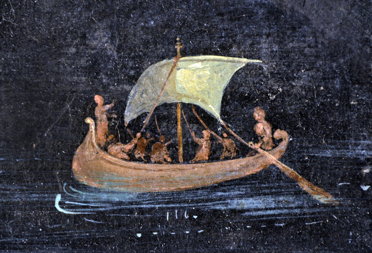 Roomalainen taide: jokimaisema - vene ja merimiehet joella (joella) - fragmentti Pompein freskosta, joka on säilytetty Napolin arkeologisessa museossa, Italiassa - Museo Archeologico Nazionale, Napoli, Italia - valokuva Patrice Cartier - tekijältä Roman Roman
