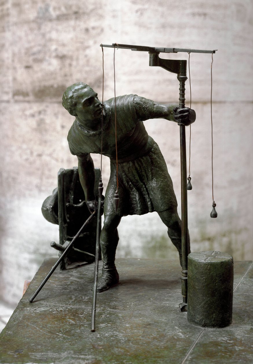 Roomalainen taide: "" gromaatikko"" Maanmittaus (agrimeners) mittaa maan käyttämällä gromaa (gruma). Pronssinen veistos. Rooma, Rooman sivilisaation museo tekijältä Roman Roman