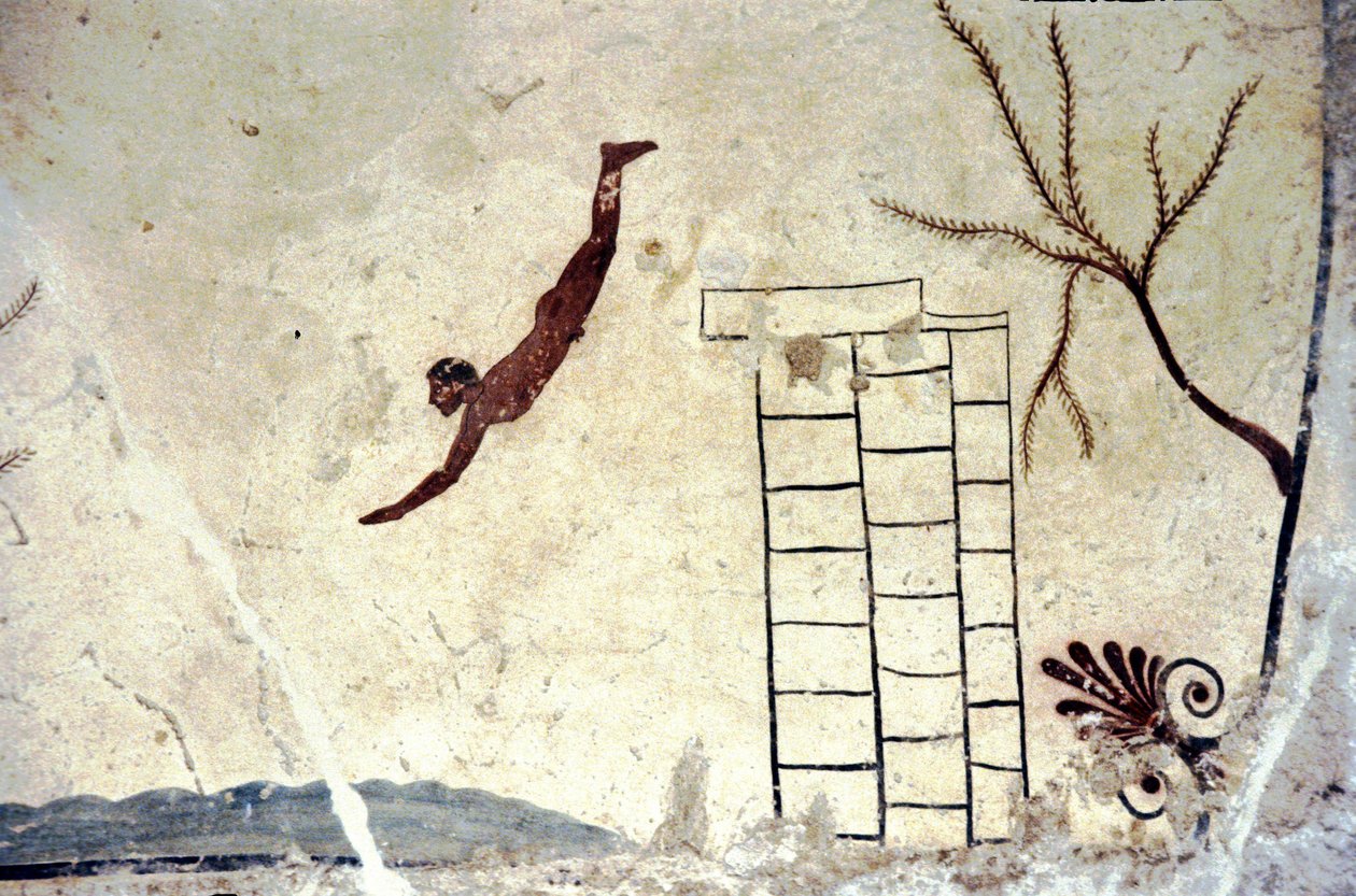 Roomalainen seinämaalaus haudasta nimeltä sukeltaja (tuffatore). tekijältä Roman Roman