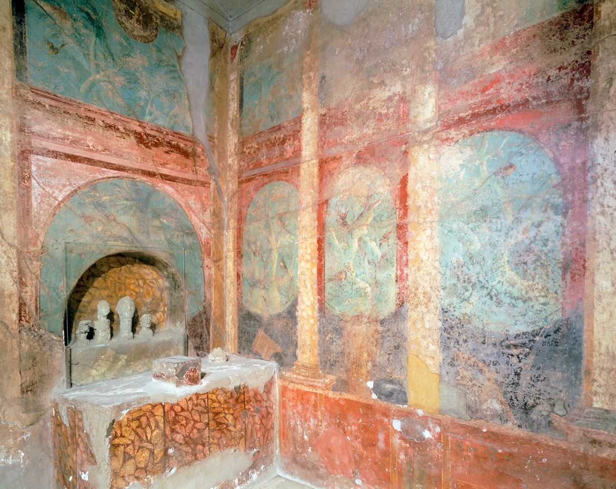 Huone, joka on omistettu Laresin kotimaiselle palvonnalle, Menanderin talo, Pompei, Campania, roomalainen sivilisaatio tekijältä Roman Roman