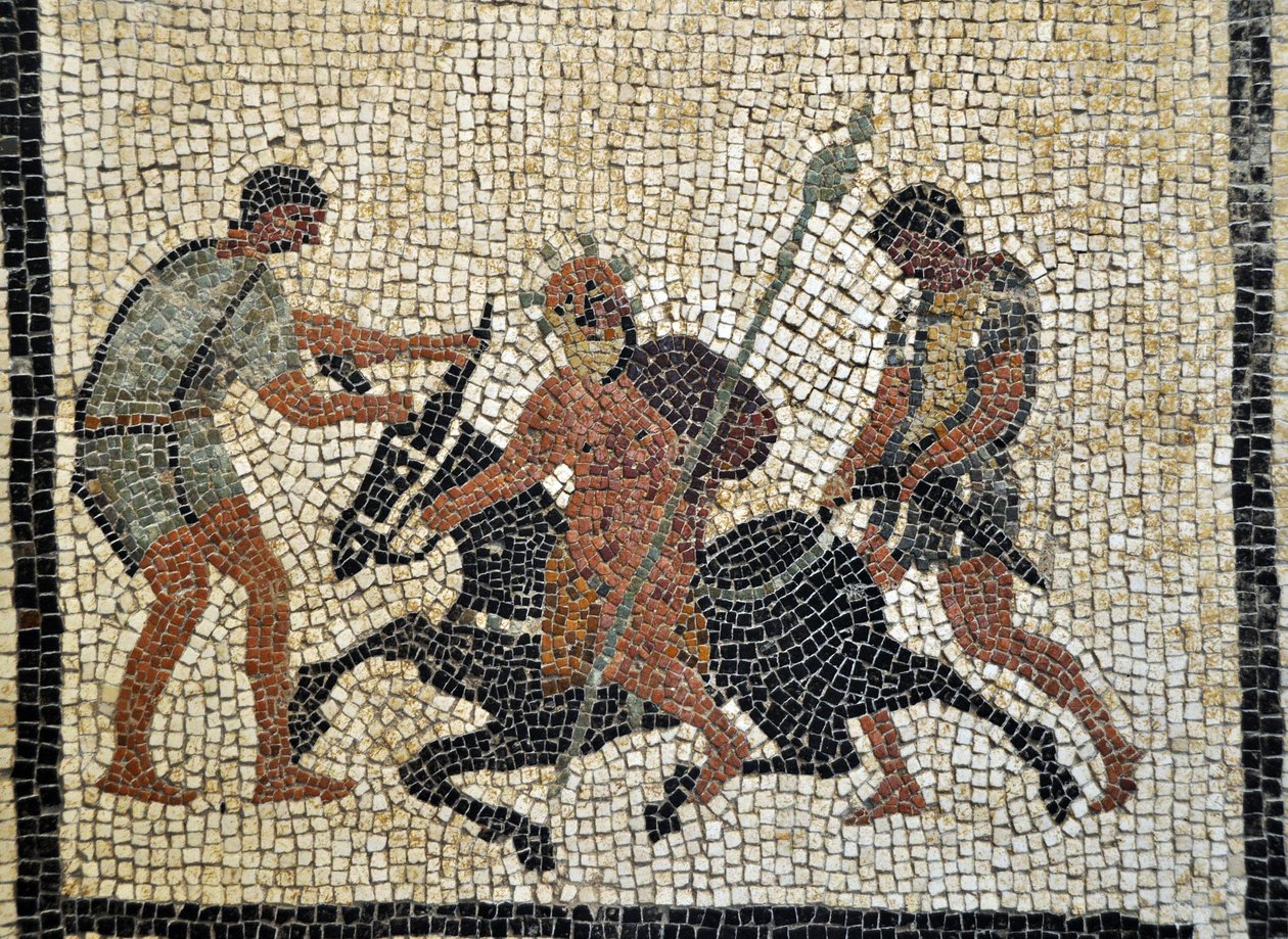 Sileno ebbro: Juopunut Silene ratsastaa kahden palvelijan pitelemällä aasilla. Mosaiikki Pompeista, Paquius Proculuksen tai C. Cuspius Pansan talosta - Napolin arkeologinen museo, Italia - Museo Archeologico Nazionale, Napoli, Italia - Kuva Patrice Cartier tekijältä Roman Roman