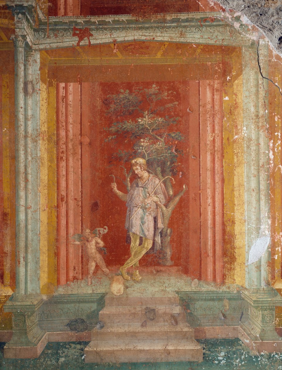 Teatterikohtaus, fresko (IV-tyyli) punaisella taustalla House of Pinarius Cerialisista, Pompejista (Unescon maailmanperintöluettelo) tekijältä Roman Roman