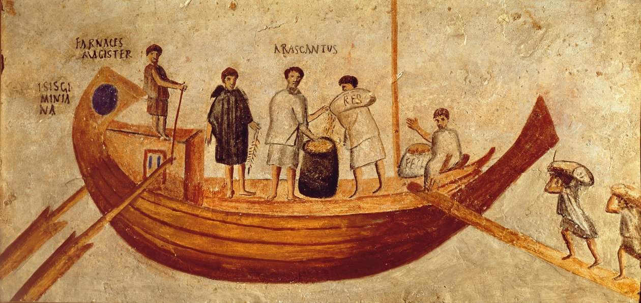 Viljan purkaminen aluksesta, Isis Giminiana, Ostiasta, 2.-3. vuosisadalla (fresko) tekijältä Roman Roman