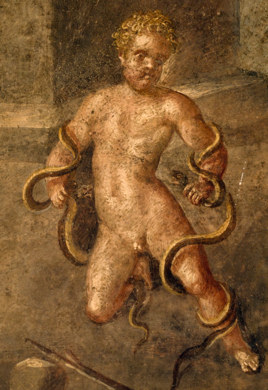 Nuori Herakles kuristaa käärmeitä, yksityiskohta oecuksen freskosta House of Vettii, Pompei (UNESCOn maailmanperintöluettelo) tekijältä Roman Roman