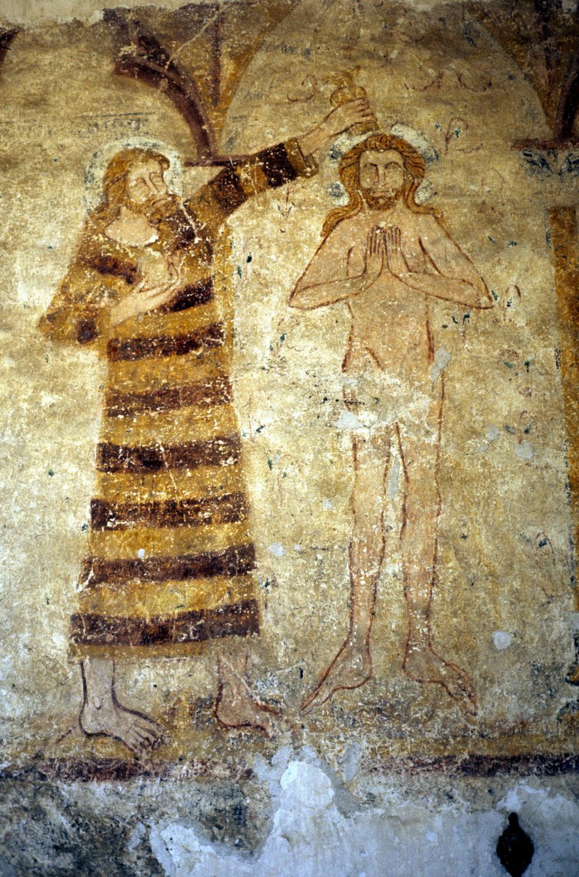1100-luvun seinämaalaukset romaanisessa Asnieres sur Vegren (Sarthe) seurakuntakirkossa, jossa kuvataan Pyhän Johannes Kastajan kastamaa Kristusta. tekijältä Romanesque