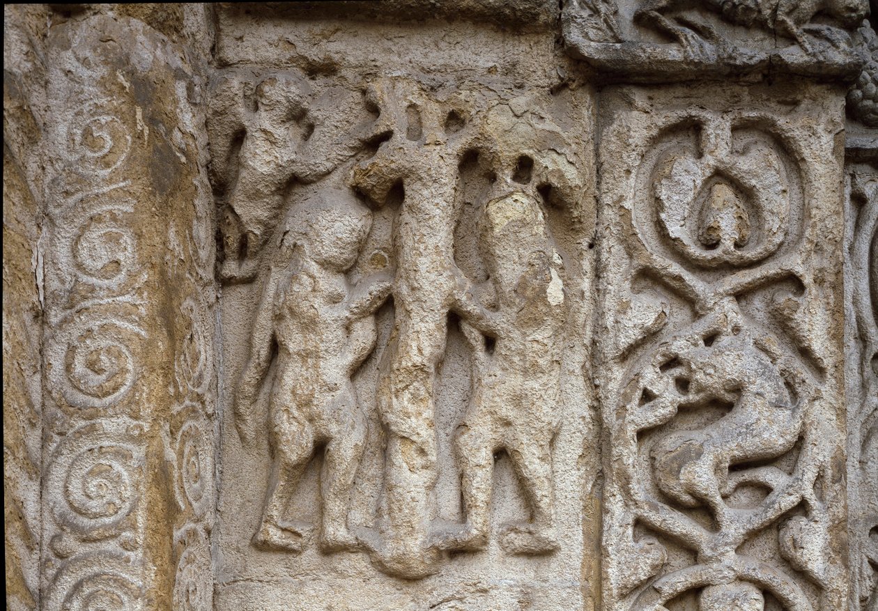 Aatami ja Eeva. Yksityiskohta basilikaanin julkisivusta, 1100-luvun alku (reliefi) tekijältä Romanesque